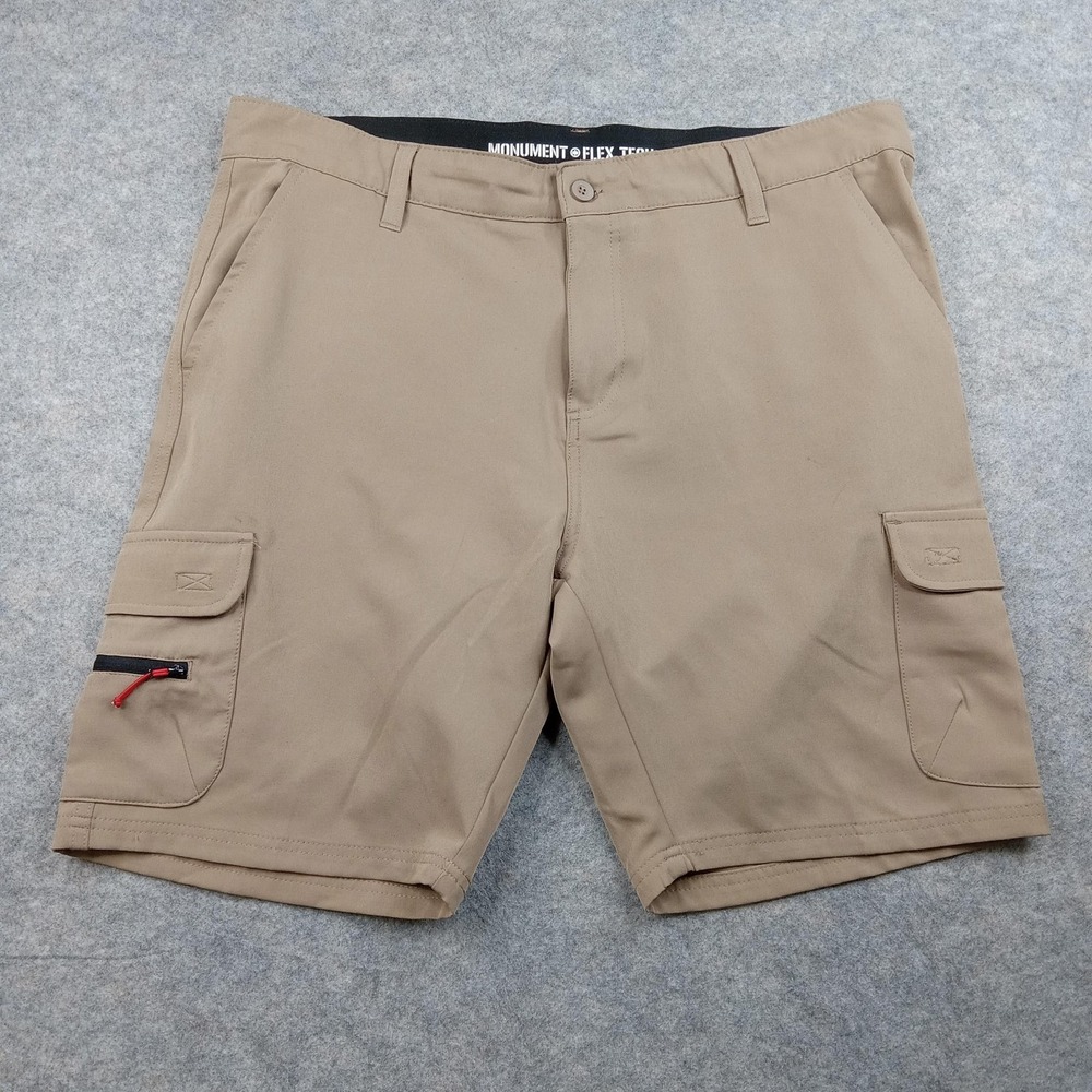 Monument Shorts Mens 36 Khaki Flex Tech Cargo Stretch Performance Golf Utility